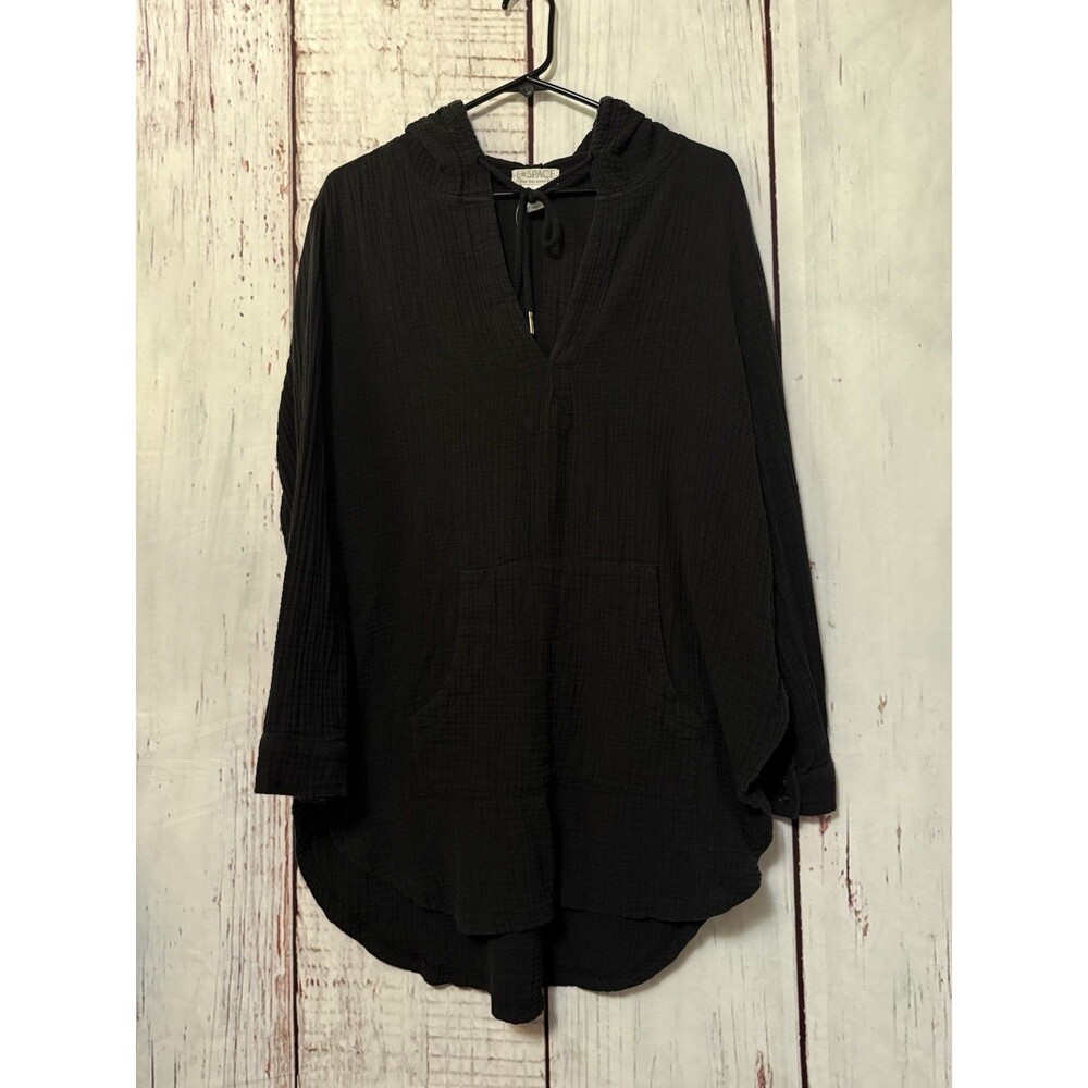 L Space Caswell Cover-Up Hooded Cotton Gauze Tunic Black Size XL